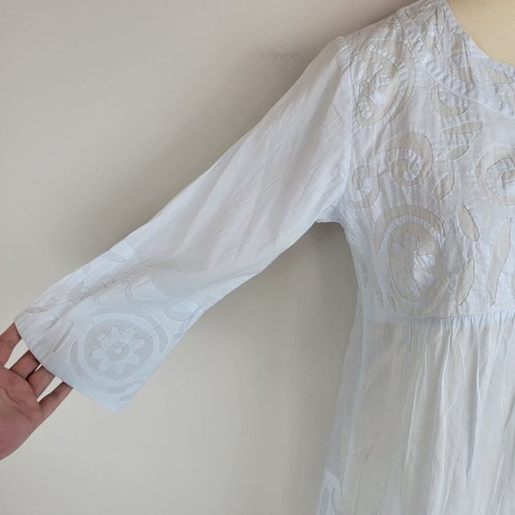 Le Cera Hand Sewed Blue Floral Patchwork Button Beach Cover Up Sheer Tunic Top S - Picture 6 of 15